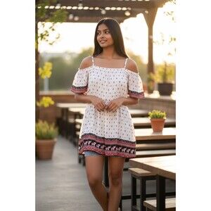 H&M Divided Boho Dress Womens Size 12 White Red Pattern Short Sleeve Mini Dress